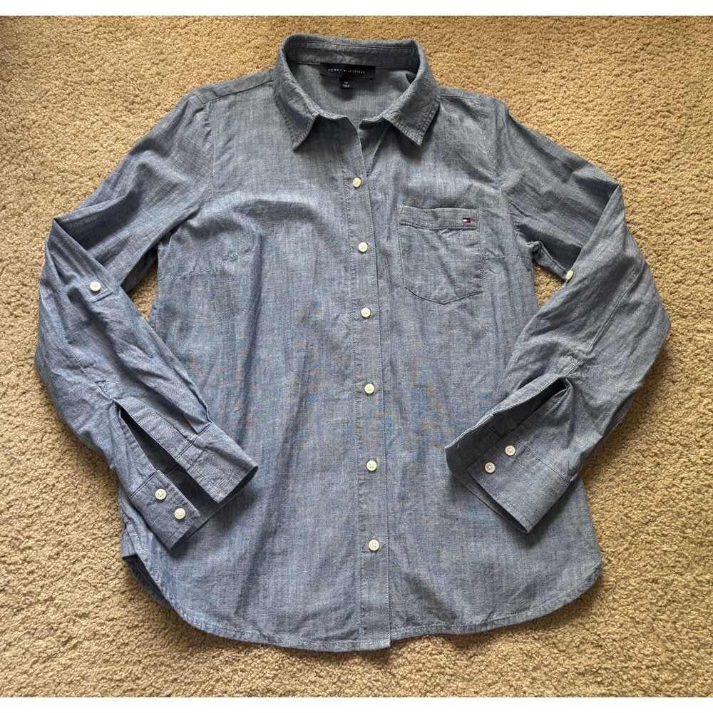 Tommy Hilfiger Womens Medium Wash Denim preppy Button Down Shirt Blue Small